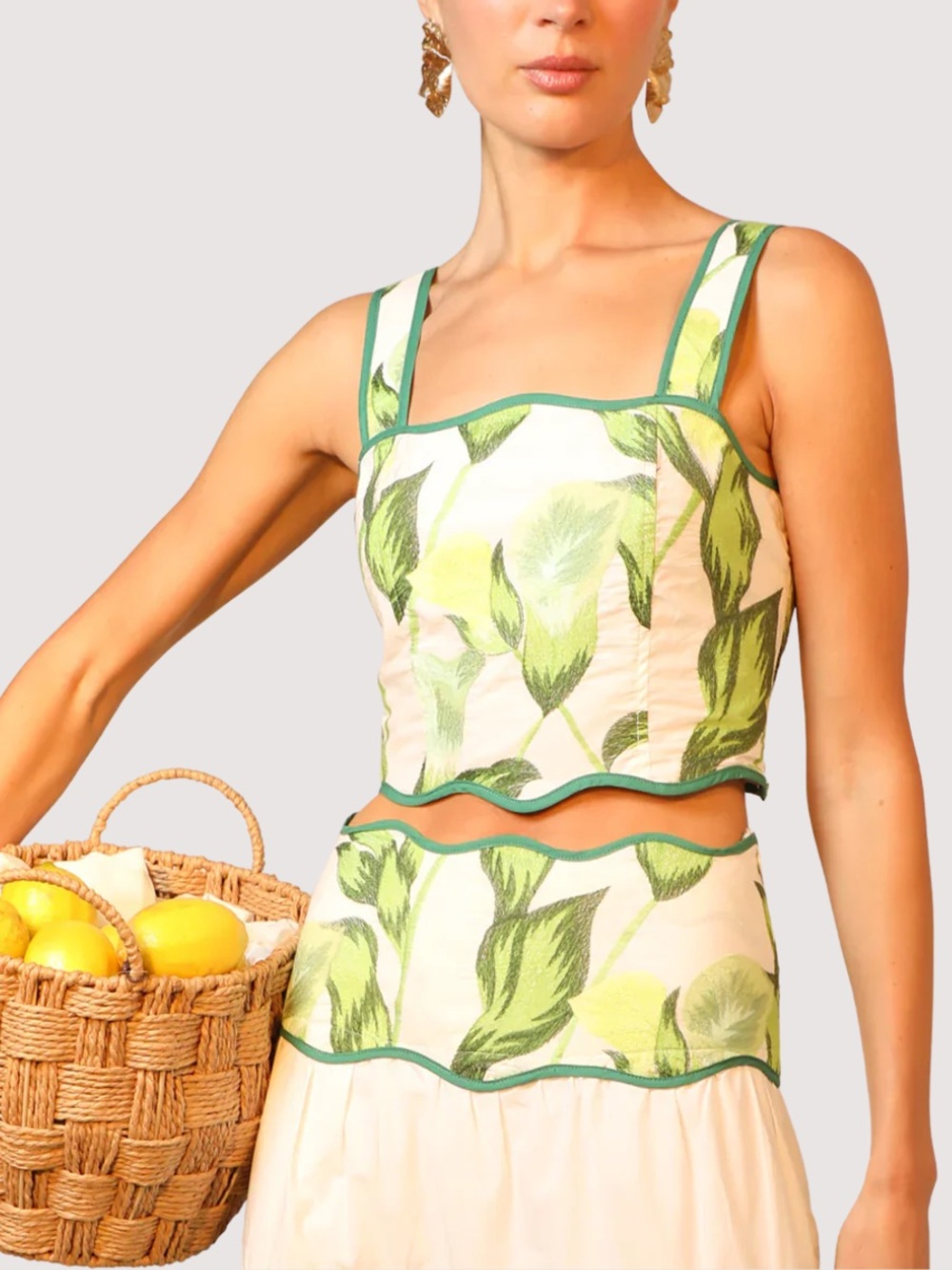 Adelyn Rae Scalloped Trim Embroidered Green and Cream Leaf-Print Crop Top